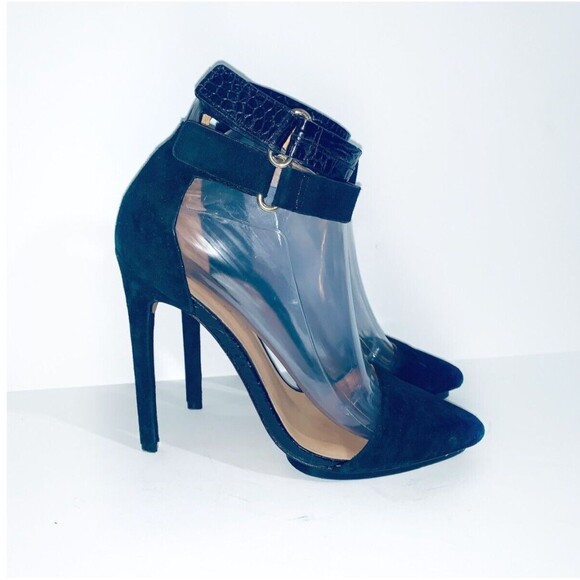 L.A.M.B. 9 Black Suede Stiletto Oxley Ankle Double Strap Pointed Toe $285 - Picture 3 of 6